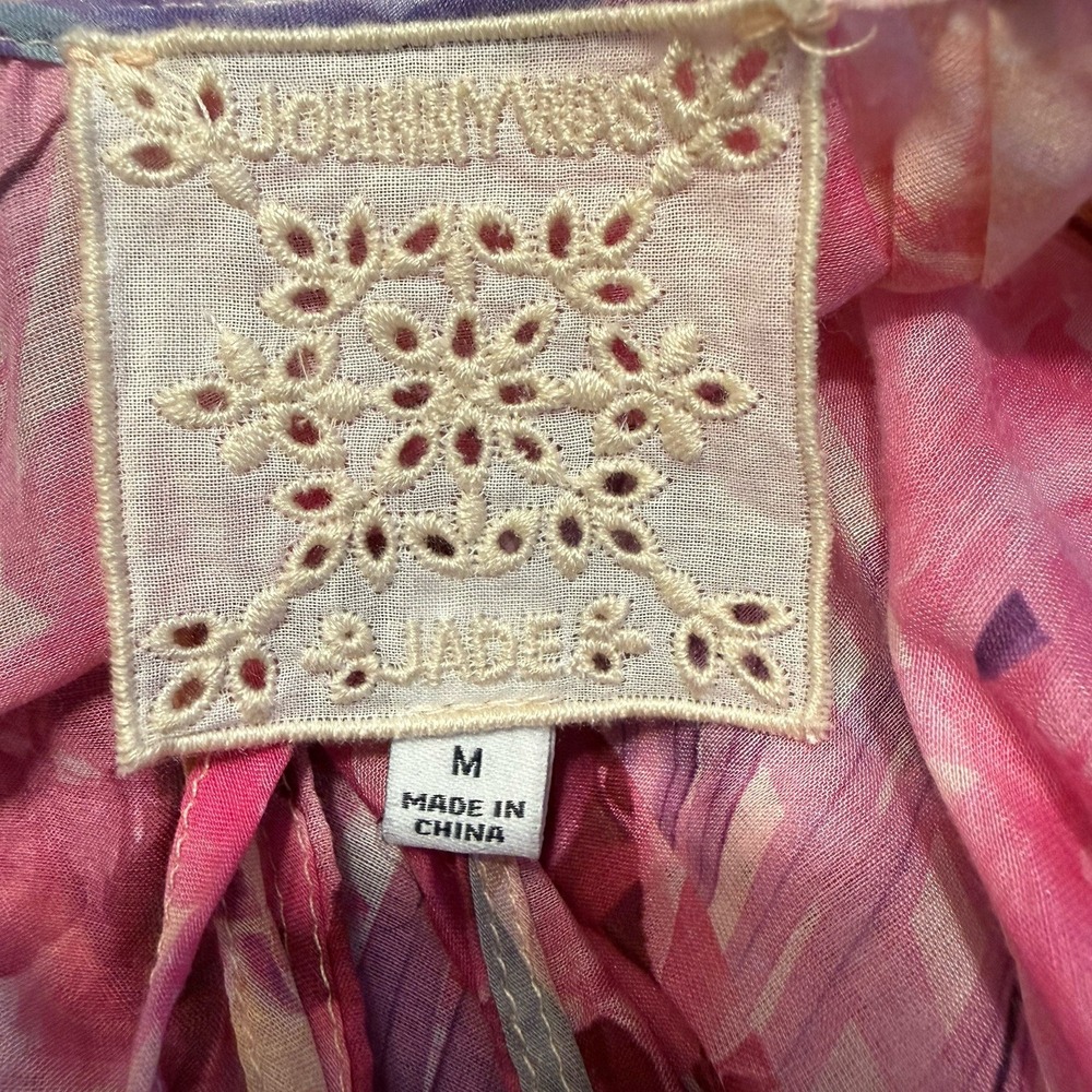 Johnny Was Silk Blend Dress MED Mini Pink Floral Semi-sheer Ruffle Patchwork EUC - Picture 11 of 16
